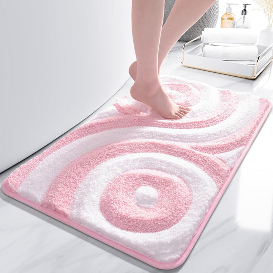QJHOMO Pink and White Cute Bathroom Rugs Non Slip Bath Mat Modern Aesthetic Bathroom Decor, Geometric Striped Bath Rug Fluffy Floor Mats, Thick Microfiber Carpet Machine Washable (18x26 inch)