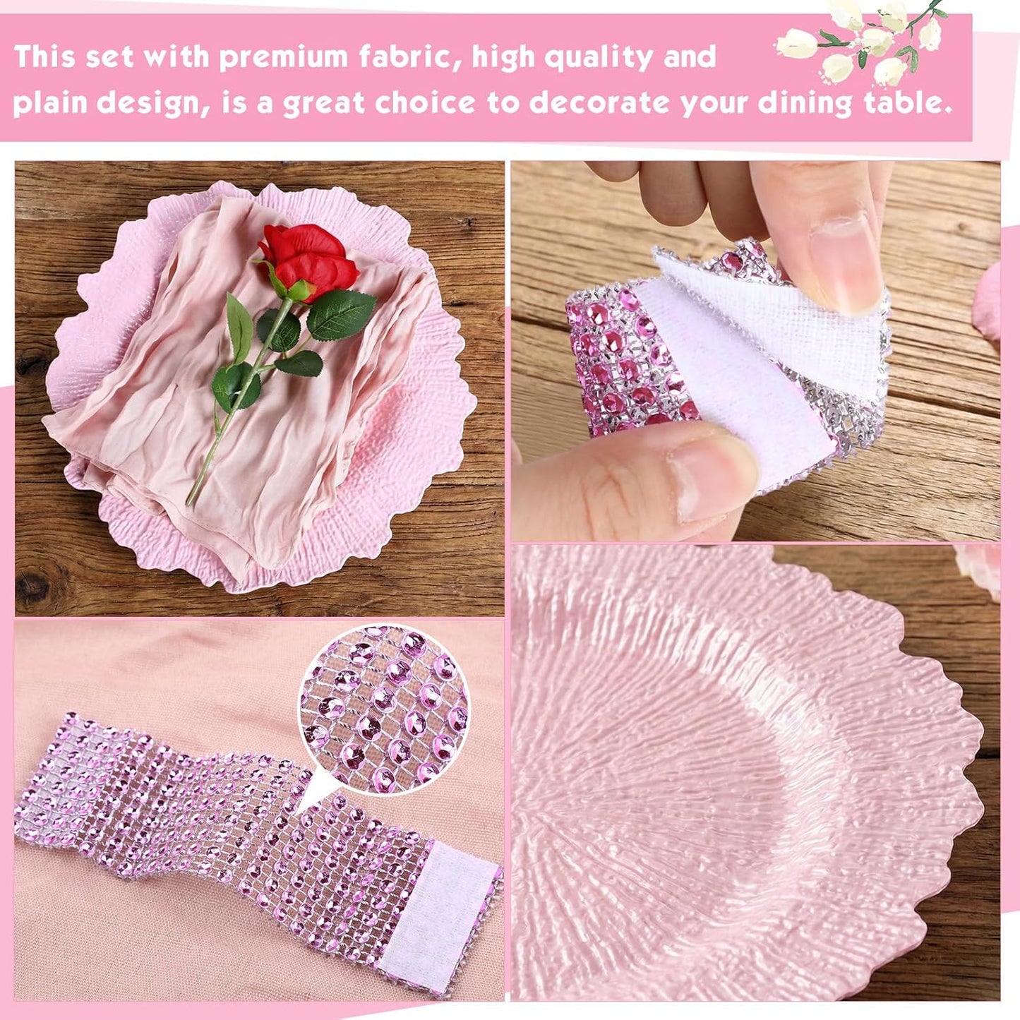 19 Pcs Pink Boho Placemats Set Include 6 Pink Charger Plates 118 Inch Long Farmhouse Table Runner Centerpiece 6 Cheesecloth Napkins 6 Napkin Ring for Dinner Wedding Bridal Party Decoration