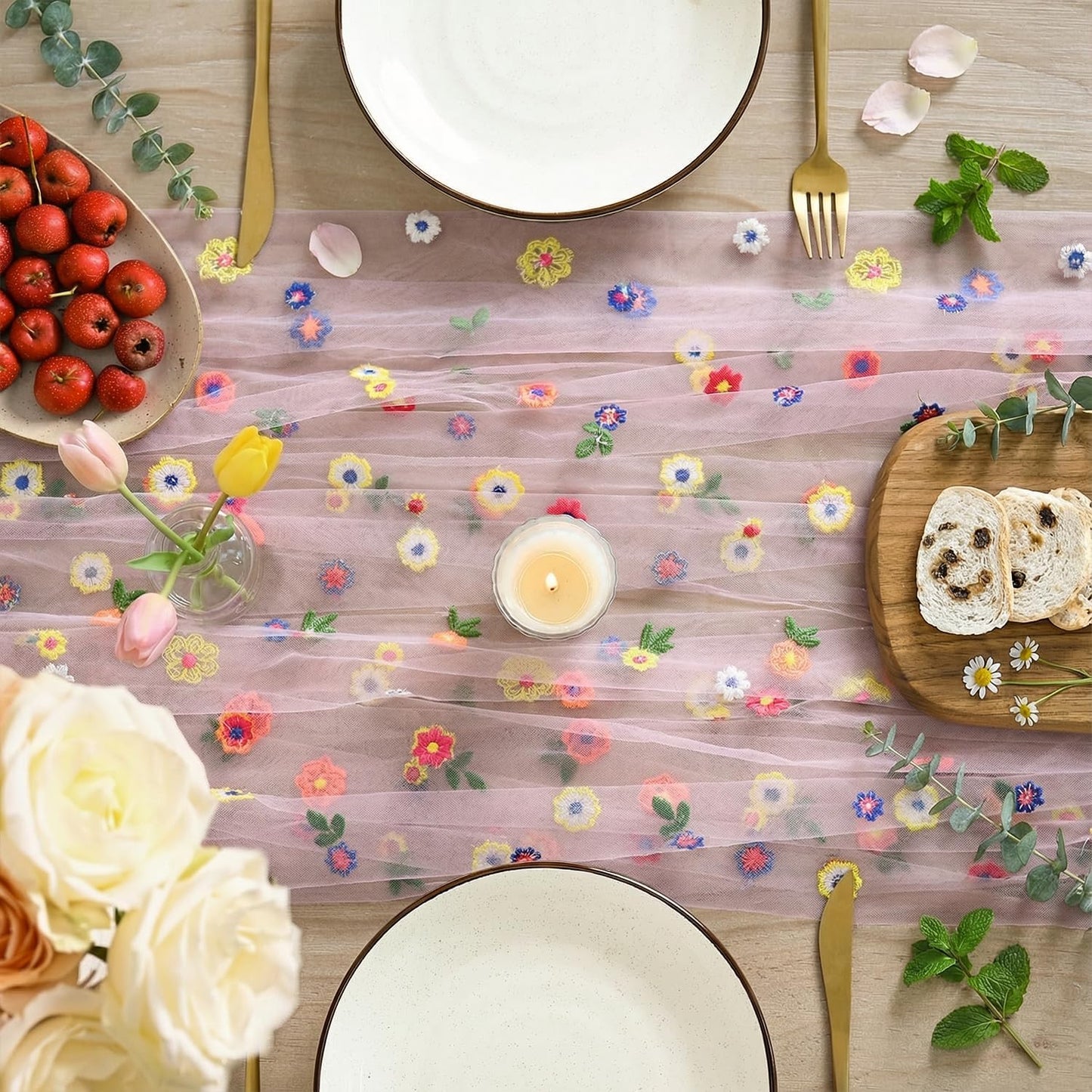 Artoid Mode Pink Embroidery Daisy Gauze Table Runner 120 Inch 10FT, Seasonal Sheer Kitchen Dining Holiday Wedding Birthday Table Decor for Home Party