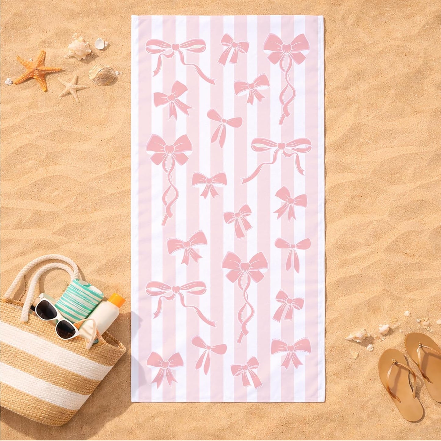GiftsForYouNow Pink Bow Beach Towel – Chic Preppy Ribbon Design, Soft Absorbent Oversized Pool & Beach Towel for Girls, Teens & Women
