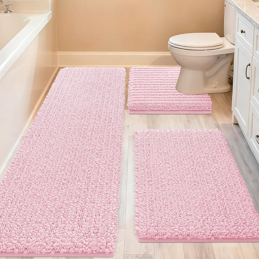 ACCUMTEK Upgrade Extra Large Pink Bathroom Rug Set 3 Pieces Ultra Soft, Thick Absorbent Bath Mats, Non Slip Chenille Toilet Mat for Bathroom, Bedroom, Kitchen