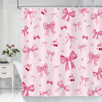 Bonhause Pink Bow Shower Curtain, Cute Cherry Heart Girly Coquette Bathroom Decor 72 x 72 Inch Polyester Fabric Waterproof Bath Curtain with 12 Hooks