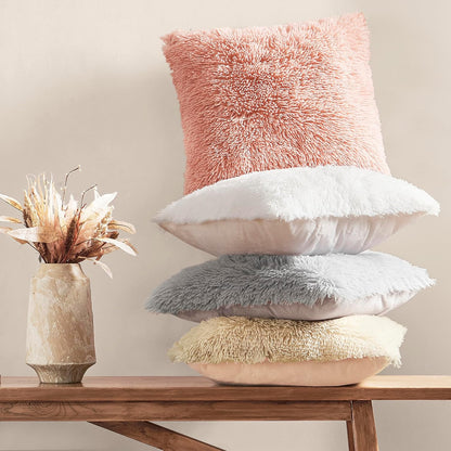 NordECO HOME Luxury Soft Faux Fur Fleece Cushion Cover Pillowcase Decorative Throw Pillows Covers, Valentines Day Gift No Pillow Insert, 18" x 18" Inch, Pink, 2 Pack