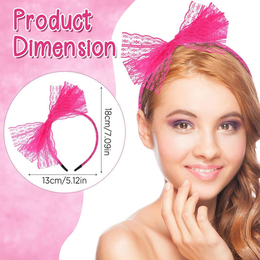 Neon Lace Bow Headband, Elastic Women's 1980s Neon Lace Headband 1980s Cosplay Hair Accessories for Women