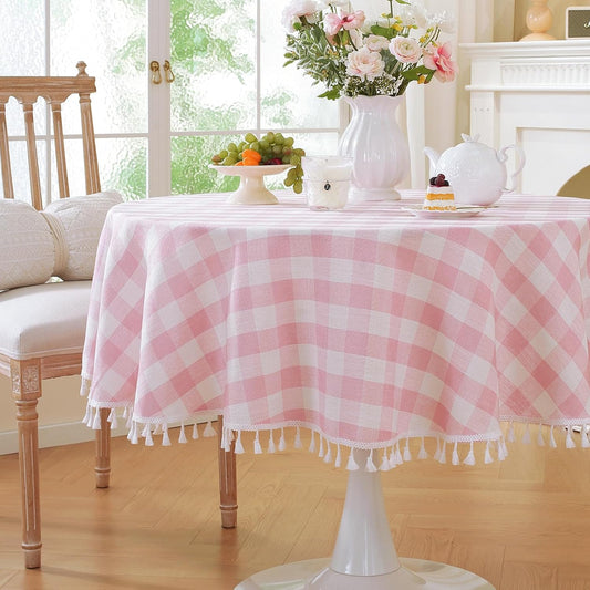 Laolitou Spring Pink Checkered 60" Round Tablecloth (Fits 30-48" Table) Washable Buffalo Plaid Table Cloth with Tassel Cotton Linen Gingham Table Cover for Baby Shower, Pink, Round