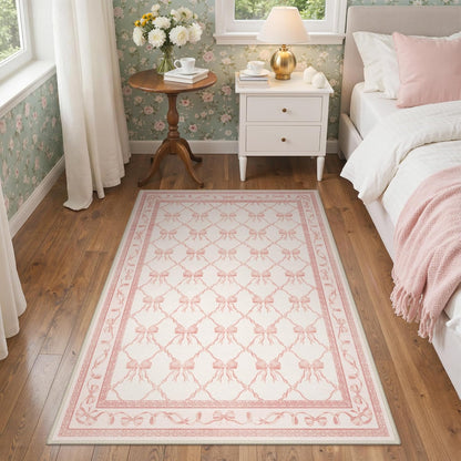 GENIMO Area Rugs 3X5 for Living Room Bedroom, Machine Washable Non Slip Flower Bow Rug, Low Pile Soft Cute Floral Rug for Dining Room Girls Room Nursery Room and Playroom, Pink Bow