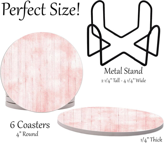 Light Pink Wood Grain Round Coasters Set of 6 - Abosrbent Ceramic Coasters with Metal Stand for Drinks, Coffee, Non-Slip Cork Back for Tabletop Protection, 4 Inches Marbled Pattern (Pink Wood)