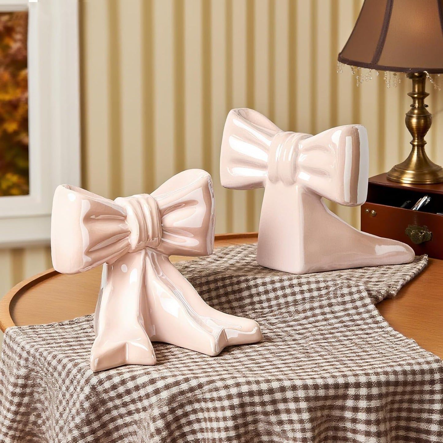 1 Pair Ceramic Bow Bookends Glossy Finish Desk Decor with Non-Slip Base, 4.3x3.5x4.3 Inch Shelf Organizers for Home/Dorm/Office (Pink)