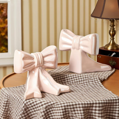 1 Pair Ceramic Bow Bookends Glossy Finish Desk Decor with Non-Slip Base, 4.3x3.5x4.3 Inch Shelf Organizers for Home/Dorm/Office (Pink)