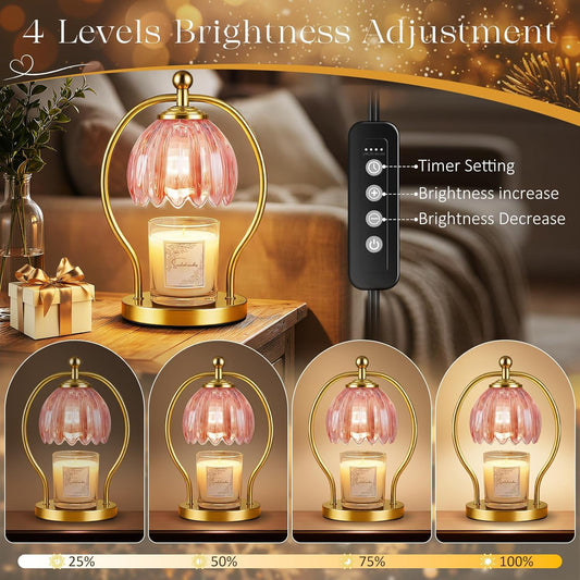 Candle Warmer Lamp, Dimmable Candle Warmer with Timer, Vintage Candles Wax Warmers for Jar Candles Christmas Birthday Gifts for Women Mom, New Home Decor for Bedroom Living Room, Gold Pink