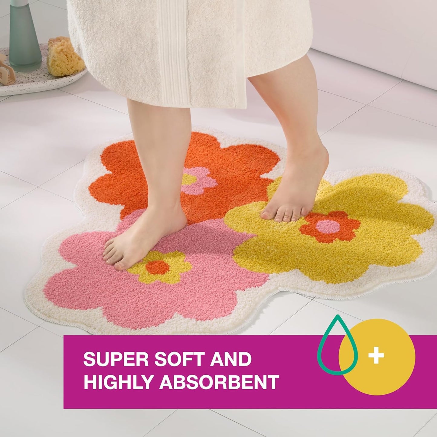 TOWN & COUNTRY PLAY Blossom Retro Daisy Flower Shaped Bath Mat, Absorbent Tufted Floor Mat, Non-Slip Backing, Machine Washable, Pink/Orange/Yellow, 31.5"x31.5"