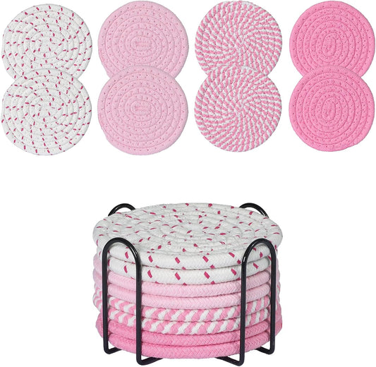 Drink Coasters Set of 8 with Holder – Cotton Woven Absorbent Coasters, 4 Colors for Coffee, Beer, Drinks & Tabletop Protection (Pink)