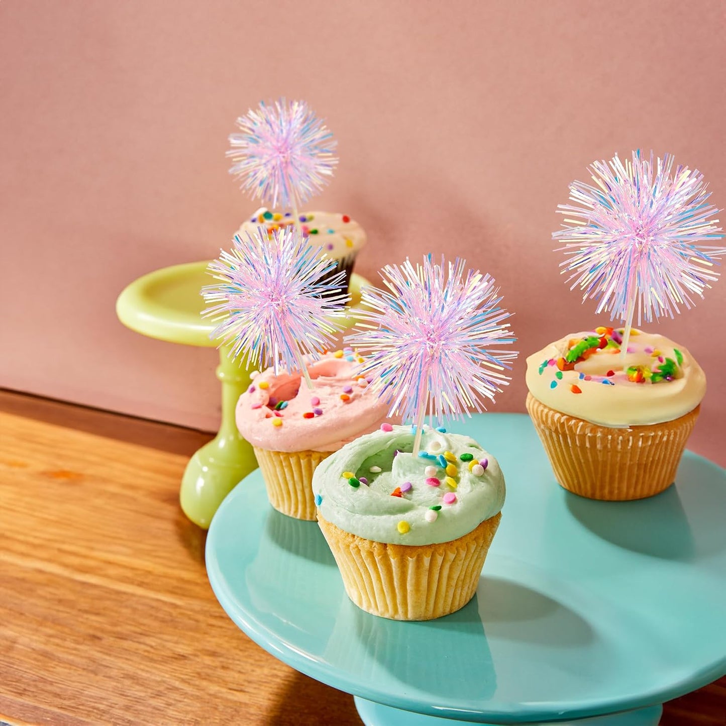 Ephlyn 30Pcs Foil Firework Cupcake Toppers Happy Birthday Cake Toppers Tinsel Flower Drink Stirrers Cocktail Food Fruit Toothpicks for Valentine's Day Party Decorations Pink