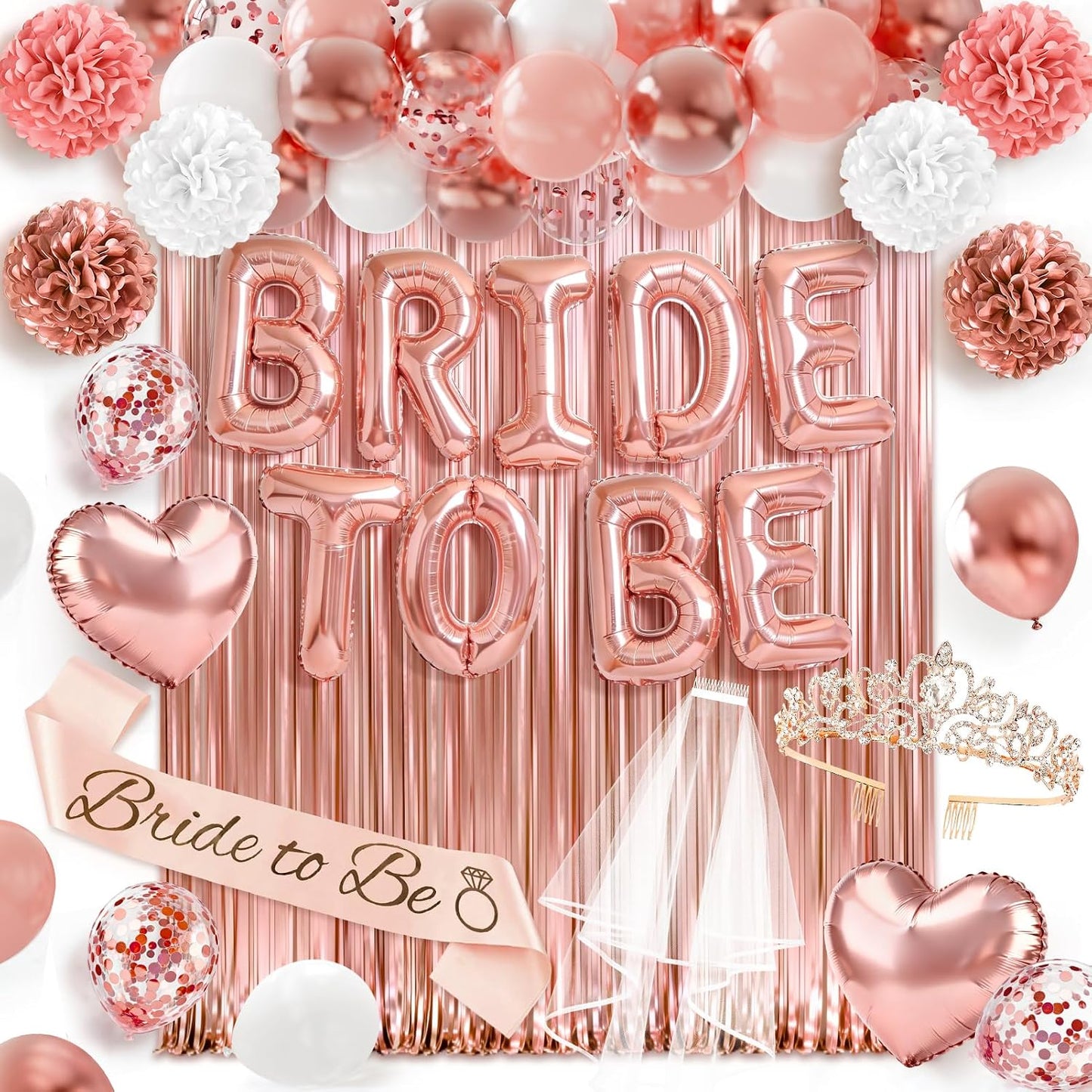 Bachelorette Party Decorations, 44Pcs Rose Gold Bridal Shower Decorations Include Bride to be Balloons Sash Veil Crown and Heart Balloon Fringe Curtain for Bachelorette Engagement Wedding Decoration