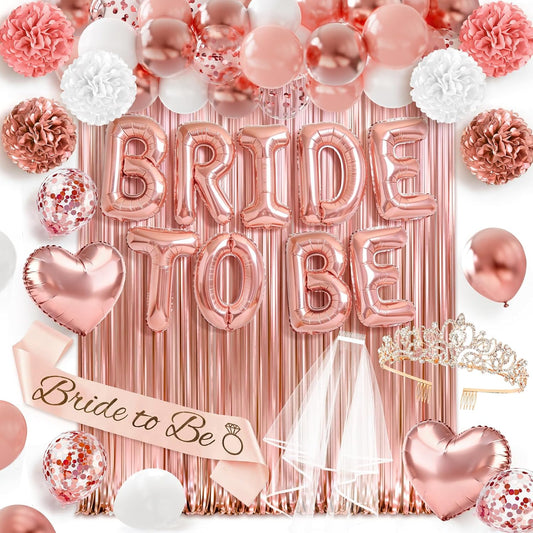 Bachelorette Party Decorations, 44Pcs Rose Gold Bridal Shower Decorations Include Bride to be Balloons Sash Veil Crown and Heart Balloon Fringe Curtain for Bachelorette Engagement Wedding Decoration