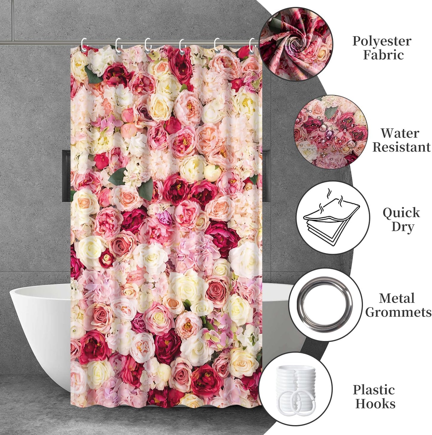 Floral Shower Curtain Red and Pink Rose Flowers Vivid Bright Spring Wedding Beautiful Women Bath Curtain Waterproof Polyester Fabric Bathroom Decor Set with Hooks 36x72inch