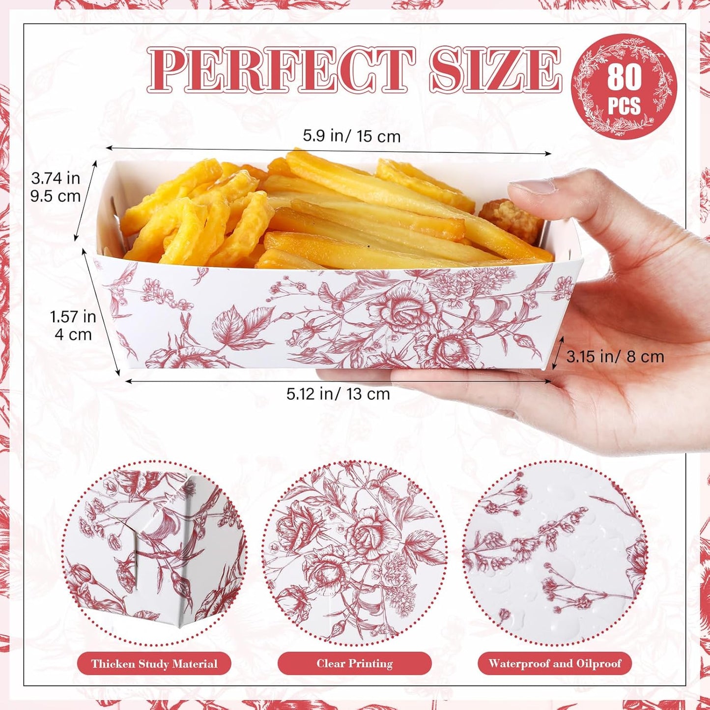 LemonRoad 80 Pcs Pink Floral Plates Serving Tray, Disposable Food Boats for Nacho Snack Pancake, Baby Shower Food Trays for Birthday Bridal Shower Wedding Tea Party Decoration Supplies