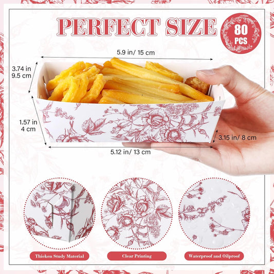 LemonRoad 80 Pcs Pink Floral Plates Serving Tray, Disposable Food Boats for Nacho Snack Pancake, Baby Shower Food Trays for Birthday Bridal Shower Wedding Tea Party Decoration Supplies