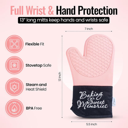 Mitts - Long Slip Resistant Pot Holders - Silicone Oven Mitts - Baking Gloves for Oven - Perfect for Baking, BBQ, Cooking, and Grilling, Oven Mitts Set of 2, 7''x13'' (Pink)