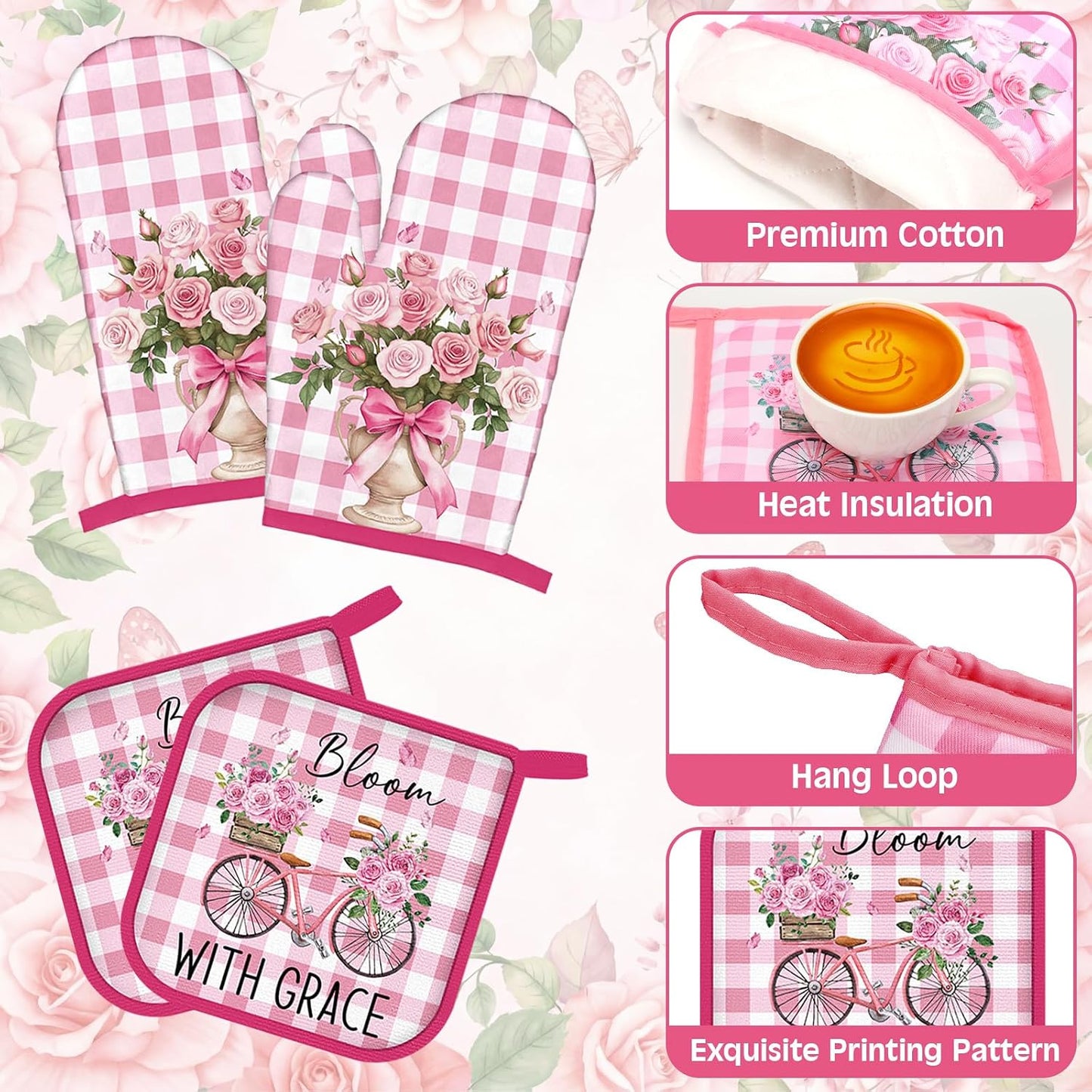 Fourluoo 10 Pcs Pink Rose Kitchen Decor Set Towels and Rugs Oven Mitts and Pot Holders Farmhouse Spring Kitchen Decor Set for Women Mom Gift Cooking Baking Grilling