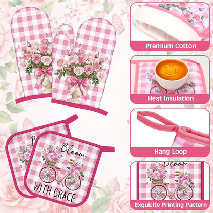 Fourluoo 10 Pcs Pink Rose Kitchen Decor Set Towels and Rugs Oven Mitts and Pot Holders Farmhouse Spring Kitchen Decor Set for Women Mom Gift Cooking Baking Grilling