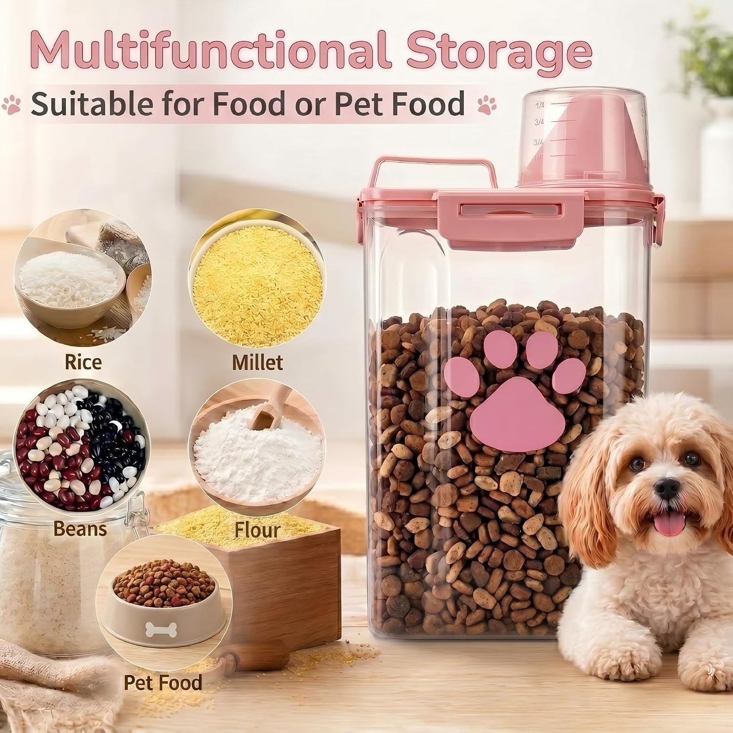 Dog Storage Container with cleaning brush,Measuring Cup,Portable Pet Food Containers with Upgraded Large Spout and Cup for Dogs,Cats,Birds,Small Animals（Pink）