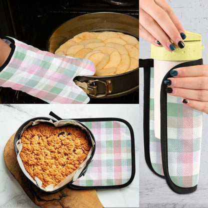 Light Pink Green Plaid Oven Mitts and Pot Holders Set for Cooking Baking Kitchen Decor