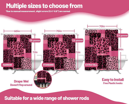 Dark Pink Leopard Shower Curtain Hot Pink and Black Cheetah Print Shower Curtains for Girls Bathroom Decor, Waterproof Fabric 70 x 72 inch with Hooks