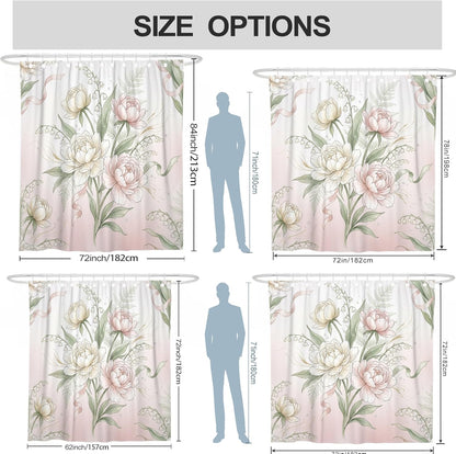 Peony Shower Curtain, Floral Romantic Lilies of the Valley Ribbon Spring Peach Waterproof Fabric Design Print Bath Curtains for Home Bathroom Toile Hotel Decor 72x78 Inch