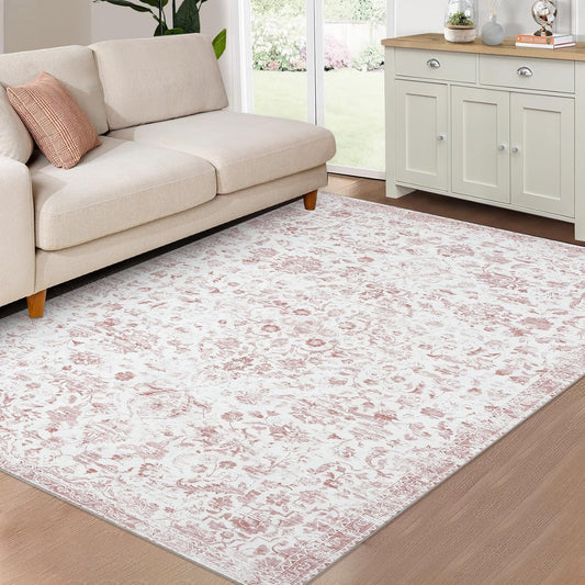 CAROMIO Machine Washable Rug Vintage Area Rugs Stain Resistant Non-Slip Floor Carpet Rug Oriental Distressed Retro Floral Medallion Accent Carpet Farmhouse Dining Table Rugs, Pink, 4' x 6'