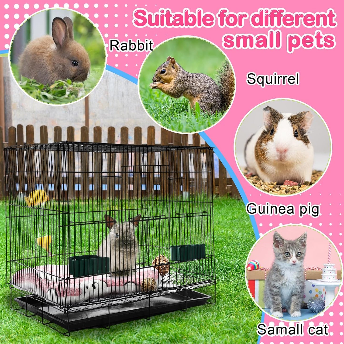 Abbylike 22 Pcs Rabbit Starter Kit with Cage, Rabbit Grooming Kit Bunny Cage Set with Bed, Litter Box, Water Bottle, Feeders, Toys, Grooming Cleaning Supplies for Indoor Rabbits Small Pets(Pink)