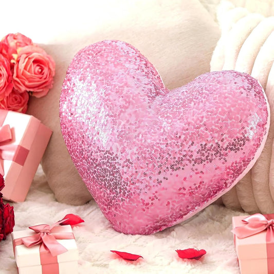 Yookeer Glitter Sequins Heart Shaped Pillow 14'' x 12' Decorative Sparkling Throw Pillows Solid Soft Shiny Cushion for Women Girls Wedding Anniversary Bed Couch Decor(Pink)