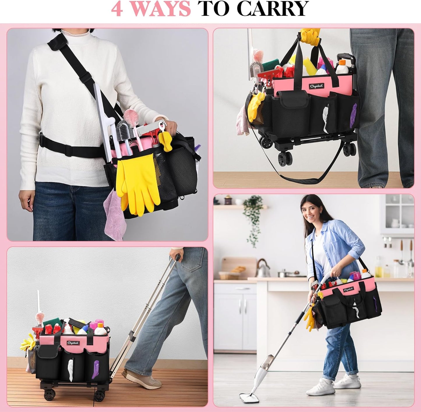 Chyaidach Rolling Cleaning Caddy, Cleaning Supplies Organizer with Trolley, Wearable Cleaning Tote Bag on Wheels with Hard Bottom, Cleaning Carts for Housekeepers/Home/Car/Office/Picnic (Pink)