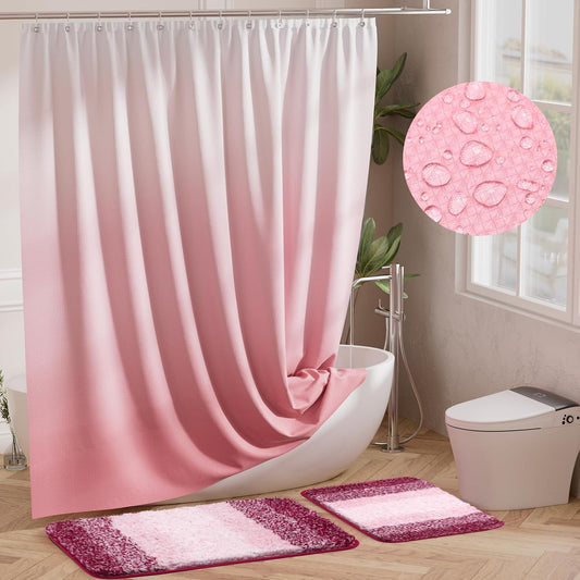 15 Pcs Shower Curtain Set Pink Bathroom Sets with Shower Curtain and Rugs Ombre Waterproof Thicken Waffle Shower Curtain with 2 Piece Non-Slip Luxury Bathroom Rugs and 12 Hooks for Bathroom Decor