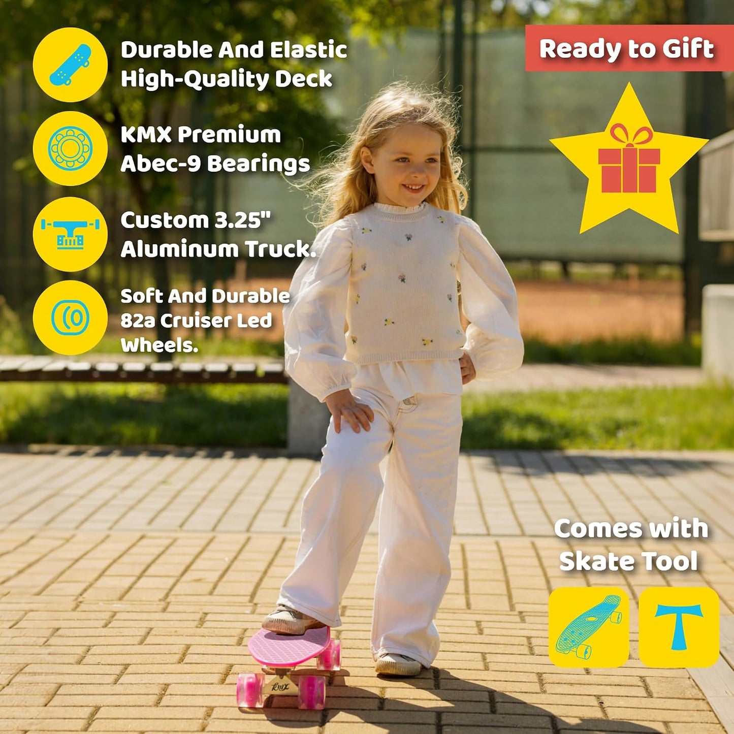 KMX Skateboard 22 and 27 Inch, Classic Mini Cruiser Skateboard for Boys, Girls, Kids, Students, Adults, Teens, Mini Cruiser Board for Beginners and Advanced