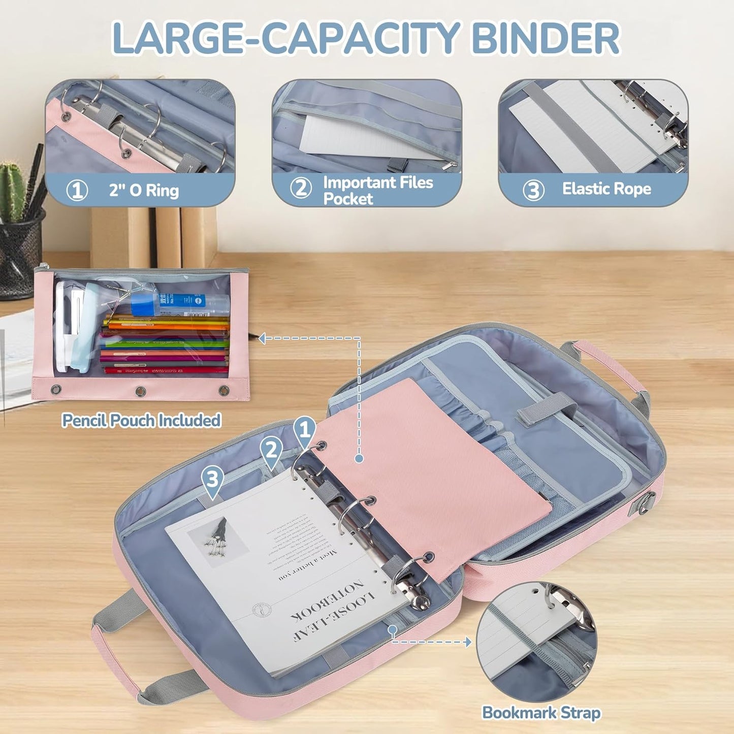 Yarwo 3 Ring Zipper Binder with Pencil Pouch, Expanding File Organizer with Padded Sleeve Fit for 14 Inch Laptop, Portable Document Organizer Bag for Home, College, Office Supplies, Pink