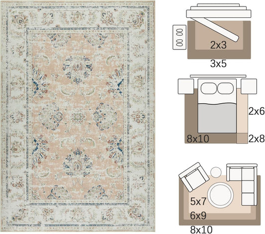 jinchan Fiora 6x9 Area Rug for Living Room Washable Soft Throw Rug Ultra-Thin Stain Resistant Non-Slip Distressed Spring Vintage Floral Large Carpet for Bedroom, Home Office, Nursery(6x9ft, Pink)
