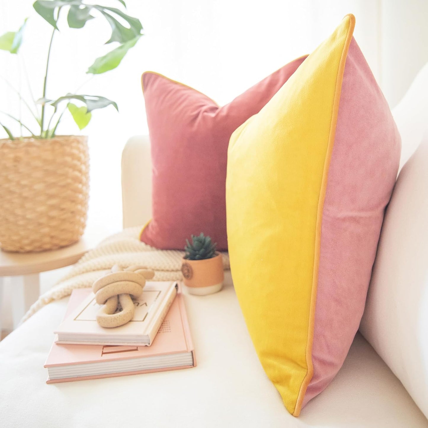 MONDAY MOOSE Decorative Throw Pillow Covers Cushion Cases, Set of 2 Soft Velvet Modern Double-Sided Designs, Mix and Match for Home Decor, Pillow Inserts Not Included (18x18 inch, Yellow/Pink)