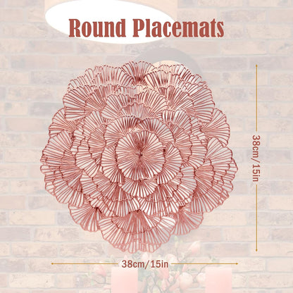 Round Placemats, Gold Ginkgo Leaf Pattern, Vinyl Material, 15 Inch Diameter,Washable Non-Slip, Decorative Table Setting, Set of 6 (6, Rose Gold)
