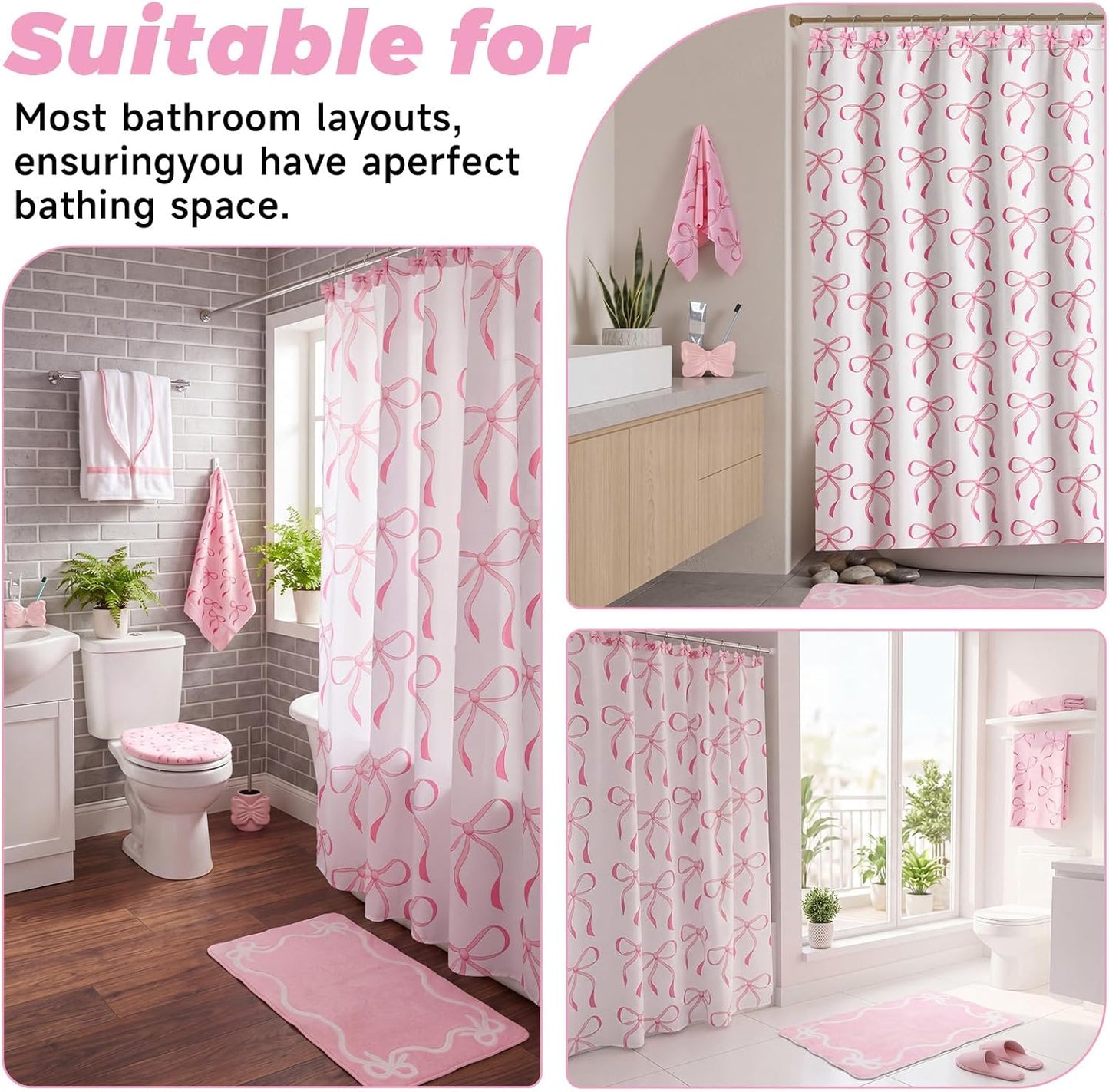 Tudomro 16 Pcs Pink Bow Shower Curtain Set with 12 Decorative Shower Curtain Hooks, Pink Bathroom Towel, Bow Toothbrush Holder, Cute Bath Mat for Modern Aesthetic Bathroom Decor