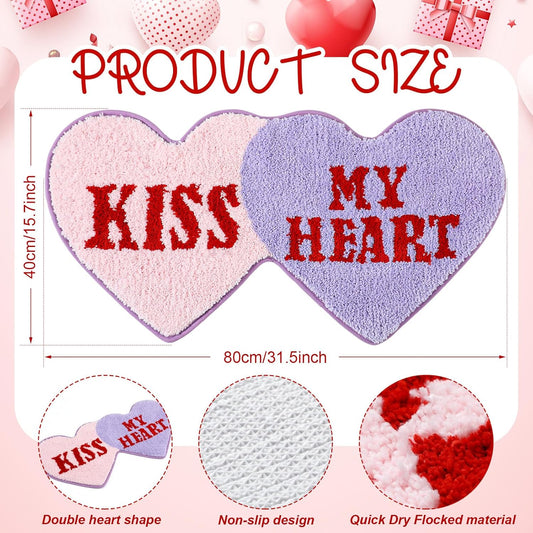 Hoolerry Valentine‘s Day Heart Rug Double Heart Shaped Rug Decor Non Slip Bathroom Doormat Love Shag Shower Mat Bedroom Living Room Entrance Welcome Floor Decor 15.75 x 31.5 in(Pink and Purple)