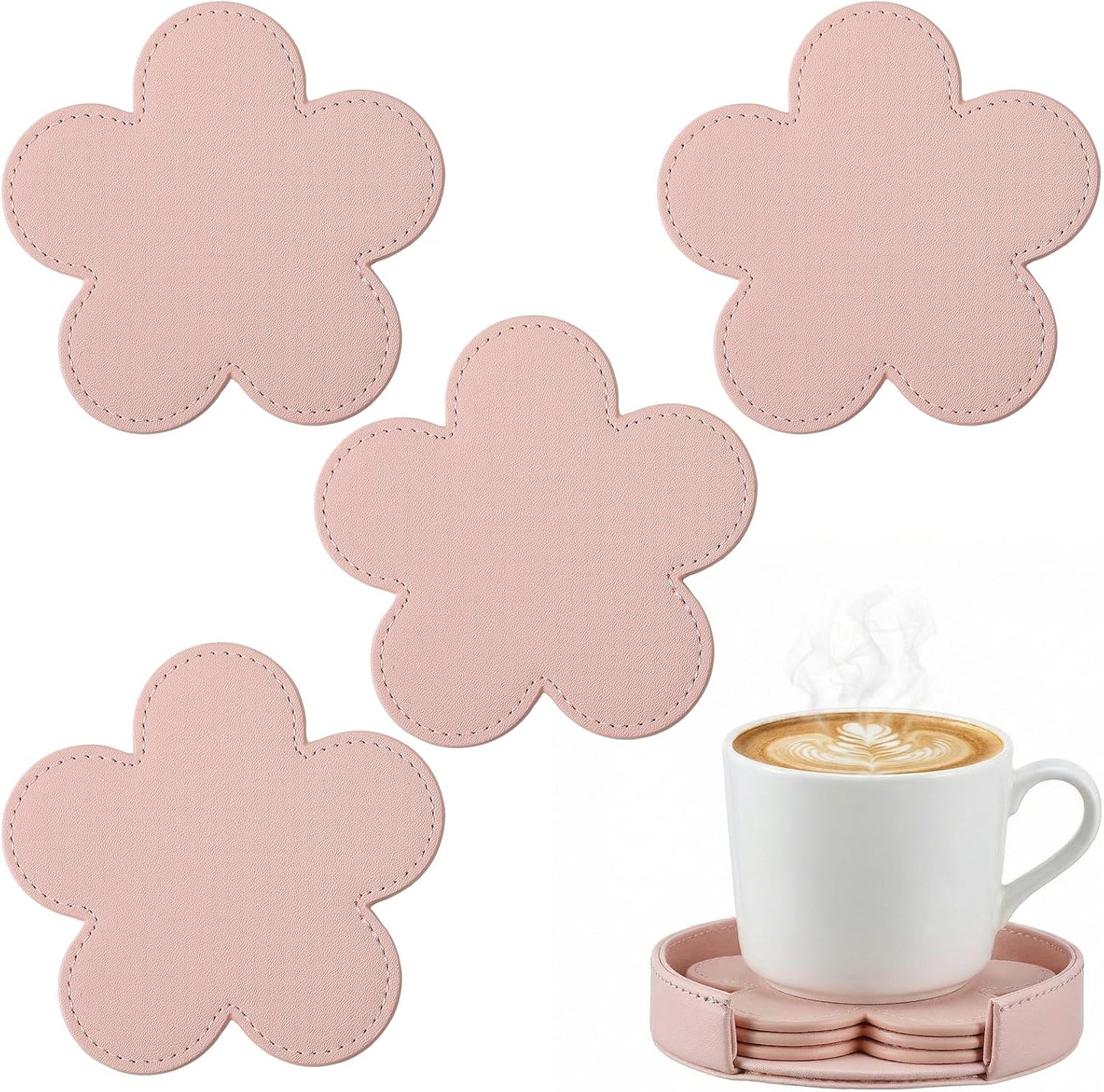 Nuanchu 4 Pcs PU Leather Flower Coasters with Round Leather Base Holder Pink Absorbent Cute Drink Coaster Decorative Coffee Cup Mat for Kitchen Valentine's Day Housewarming Gift Table Decor