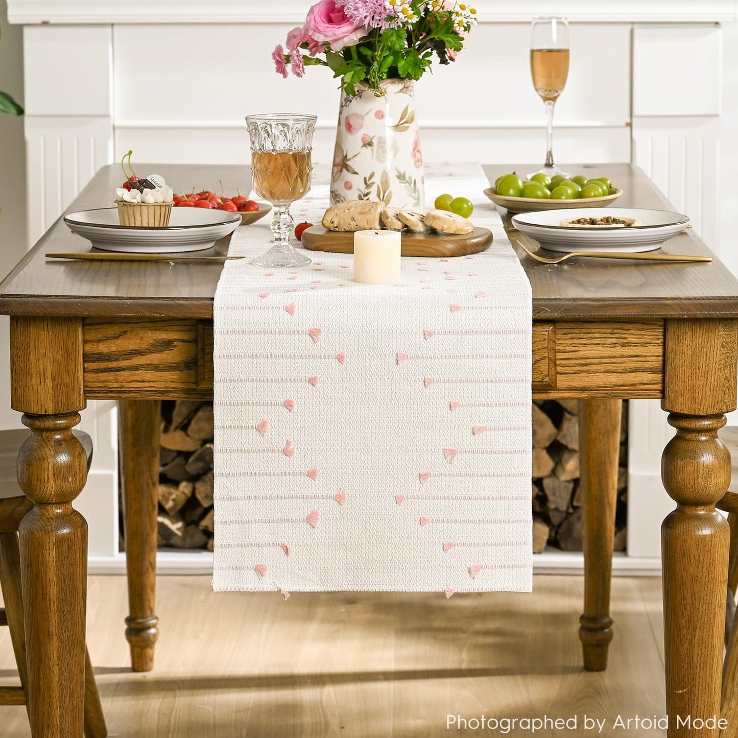 Artoid Mode Pink Boho Table Runner for Farmhouse Rustic，Seasonal Holiday Macrame Burlap Kitchen Dining Table Decoration for Home Party Decor 12x72 Inch