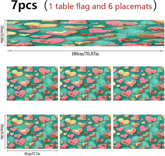 Peach Heart Pattern Placemats and Table Runner Set, Washable Linen Place Mats for Home Wedding Hotel Decoration (1 Table Runner and 6 Placemats)