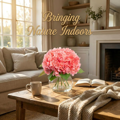Hydrangea Artificial Flowers with Vase, Real Touch Latex Fake Hydrangeas Spring Stem Leaves Bouquet with Faux Water, Realistic Faux Flower for Home Office Bedroom Table Centerpiece Decor Pink