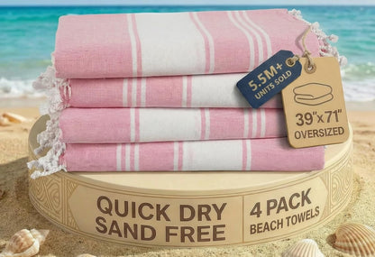 LANE LINEN Turkish Beach Towel Set of 4 - Beach Towels, Pre-Washed Pool Towel, Extra Large Beach Towel, Quick Dry & Sand Free, Absorbent Travel Towel, 39"x71" - Candy Pink