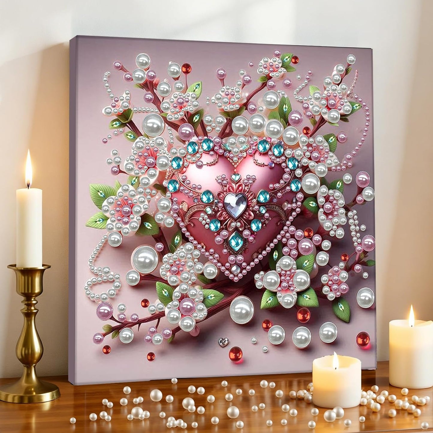 Pink Heart Love Pearl Art Painting with Frame, 30x30cm Sparkling DIY Big Gem Art Kit for Beginners, Textured Wall Decor for Living Room, Bedroom Women's Mindful Gift
