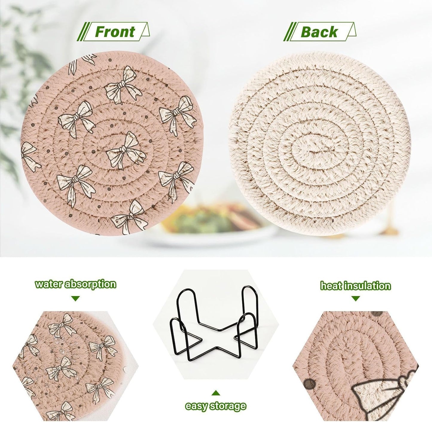 Bar Coasters for Drink with Holder Cute Bow Light Pink Cute Coaster Set of 6 Cotton Woven Coaster for Coffee Table, Bistro Tabletop,Kitchen Home Decor