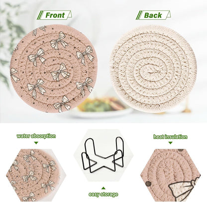 Bar Coasters for Drink with Holder Cute Bow Light Pink Cute Coaster Set of 6 Cotton Woven Coaster for Coffee Table, Bistro Tabletop,Kitchen Home Decor