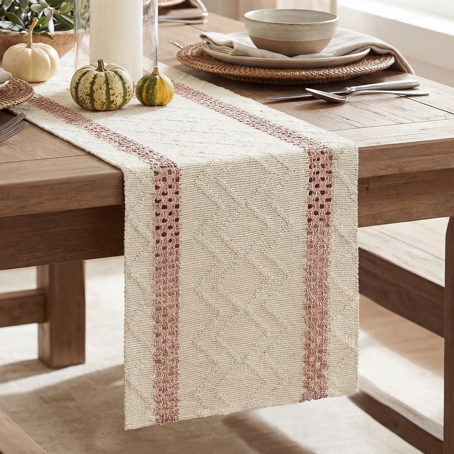 Artoid Mode Pink Stripe Woven Table Runner, Seasonal Holiday Hollow Kitchen Dining Table Decoration for Home Party Decor 12x72 Inch
